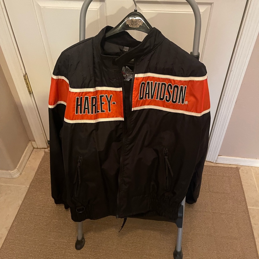 Men’s Harley-Davidson Black and Orange Lightweight Racing Jacket - EUC